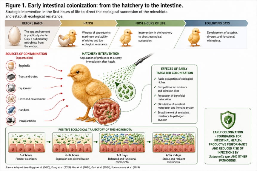 Early Intestinal Colonization in Industrial Poultry Production: The Hatchery as a Strategic Point for the Ecological Succession of the Microbiota.